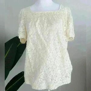 Apt. 9 Vintage Square Neck Short Sleeve Lace Blouse in Ivory Medium Cotton Blend